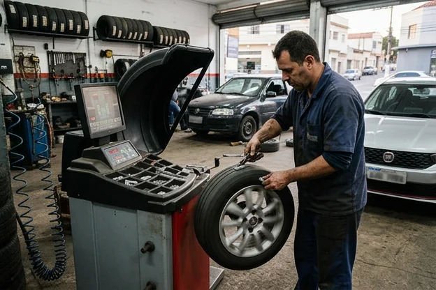 Balanceamento de rodas sendo feito em Varginha.