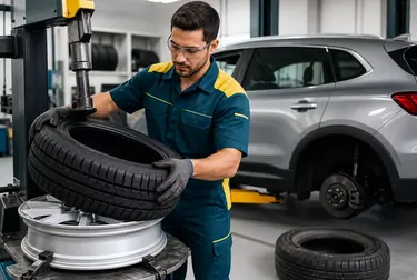 Profissional trocando pneus de um carro em Varginha.