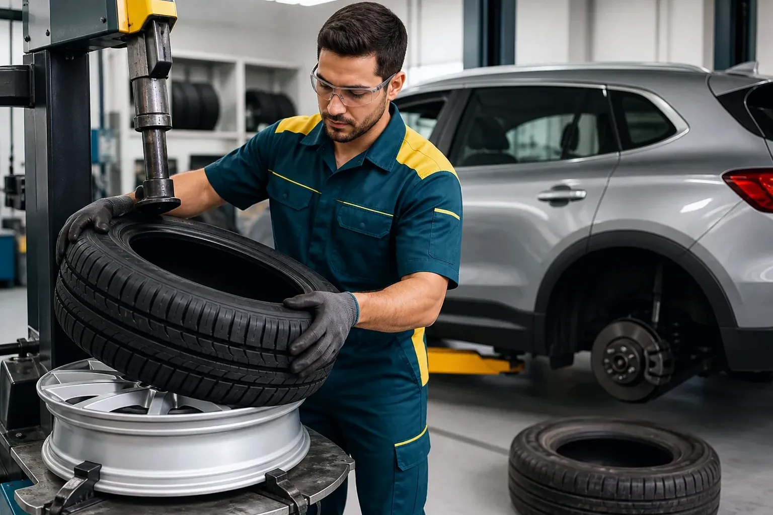Profissional trocando pneus de um carro em Varginha.