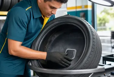 Técnico consertando um pneu em borracharia em Varginha.