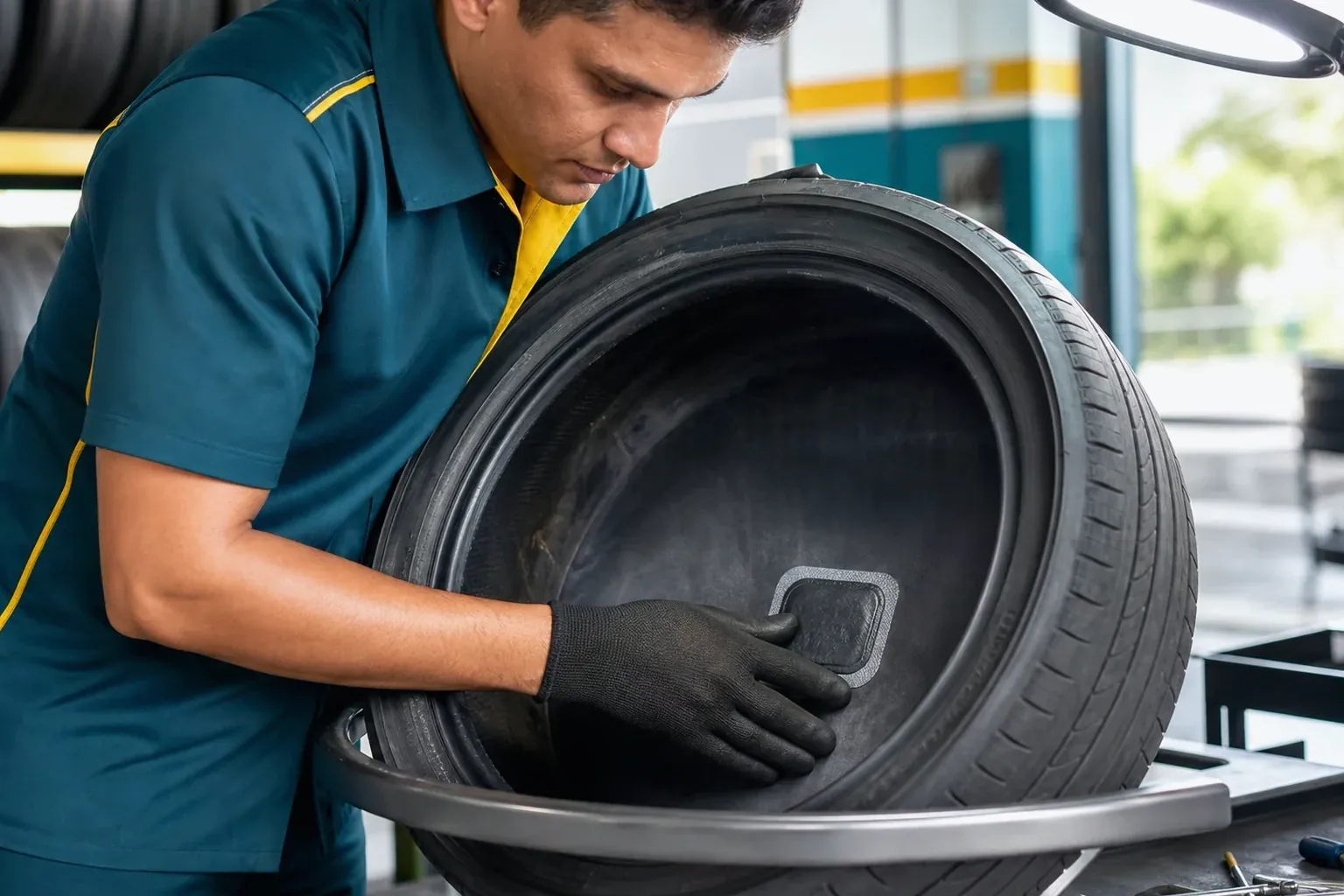 Técnico consertando um pneu em borracharia em Varginha.