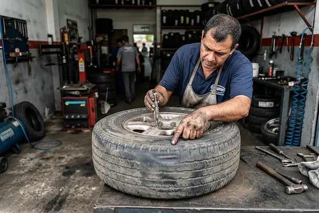 Técnico examinando pneu para verificar necessidade de reforma em Varginha.