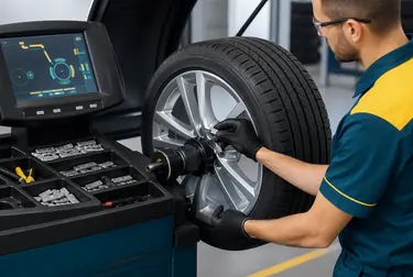 Técnico fazendo balanceamento de rodas em borracharia em Varginha.