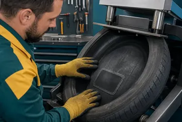 Técnico fazendo vulcanização de pneus em Varginha.