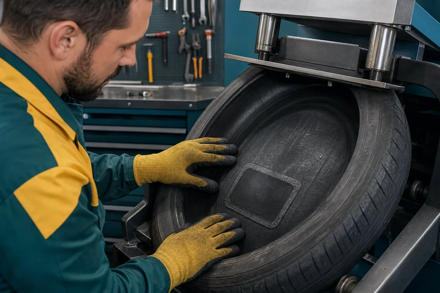 Técnico fazendo vulcanização de pneus em Varginha.