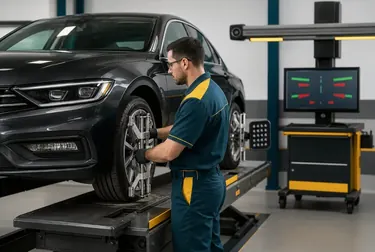 Técnico realizando alinhamento de rodas de um carro em Varginha.