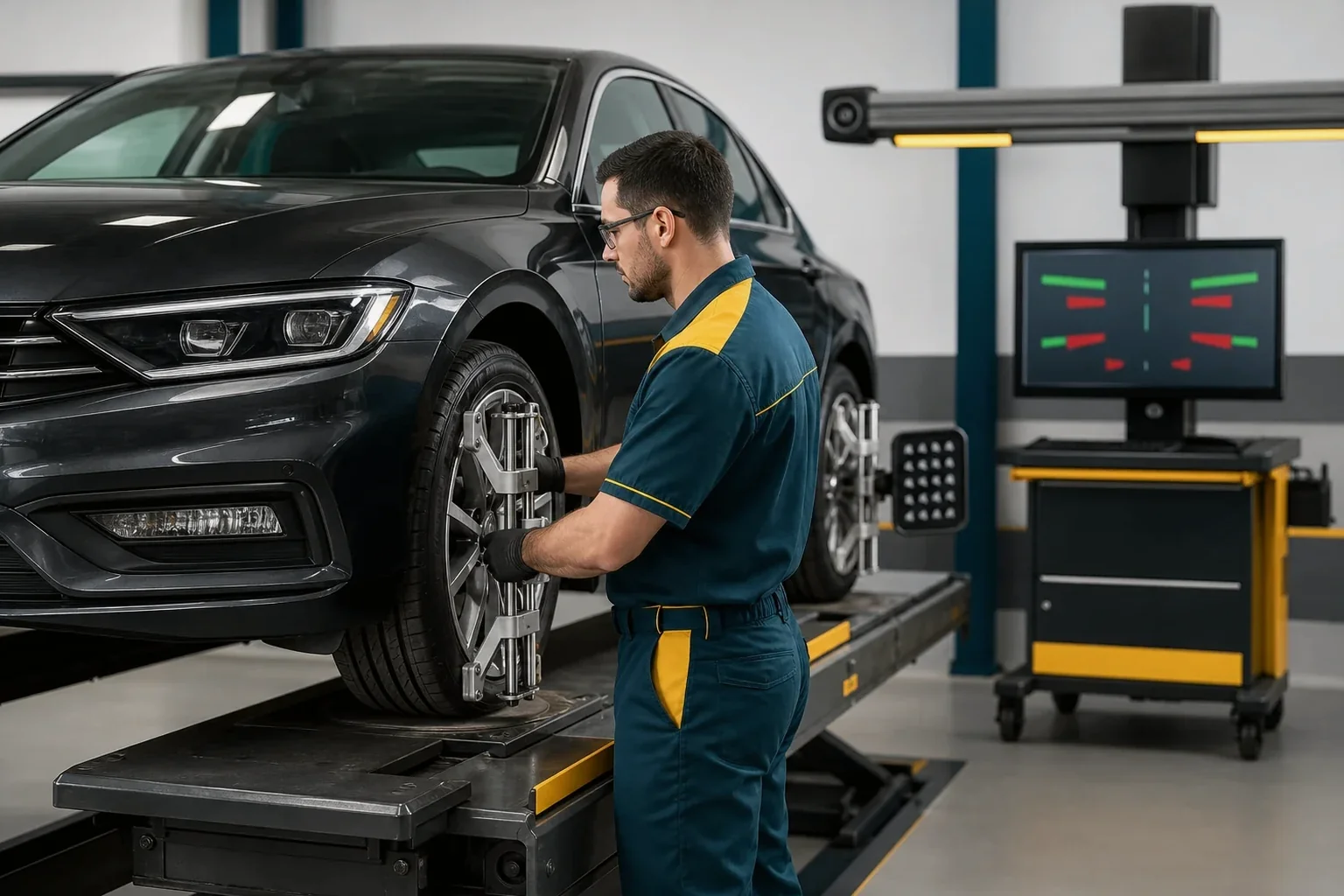 Técnico realizando alinhamento de rodas de um carro em Varginha.